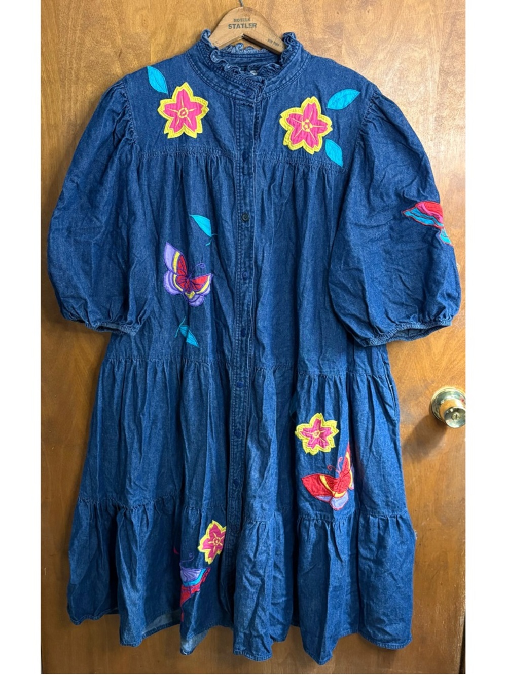 Vintage 90s Denim Button Down Puff Sleeve Shirt Maxi Dress Butterfly Embroidered